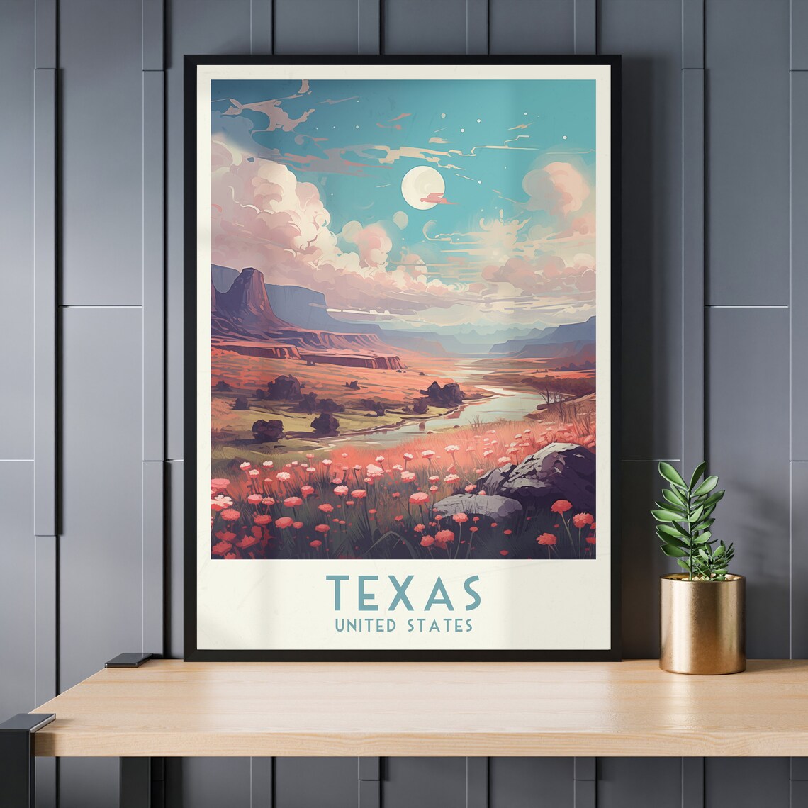 Texas Moonlit Canyon Wildflower Valley Desert Night Travel Poster - Image 3