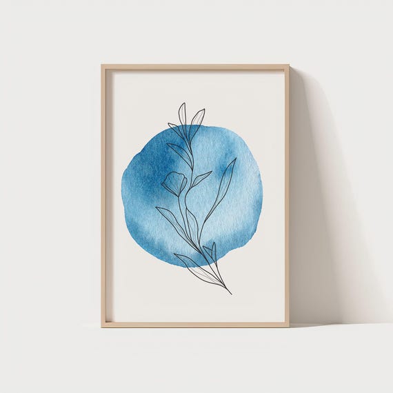 Minimal Botanical Line Art Blue Watercolor Wall Scandinavian Nature Poster Modern Plant Drawing