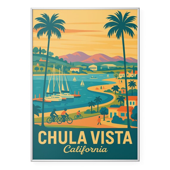 Chula Vista California Retro Coastal Bay Sailboat Palm Sunset Travel Poster