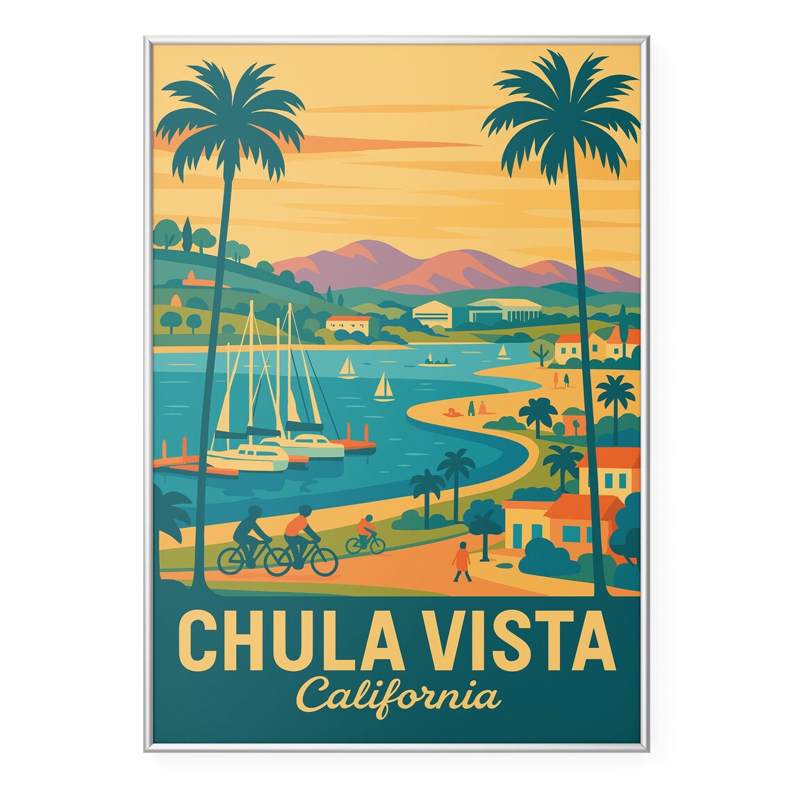 Chula Vista California Retro Coastal Bay Sailboat Palm Sunset Travel Poster