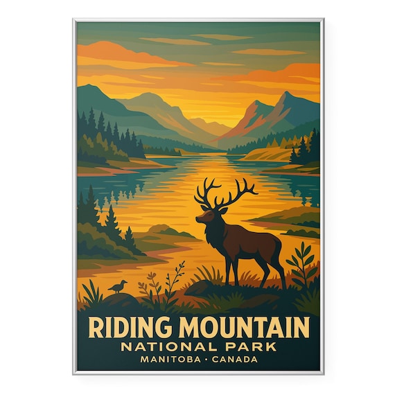 Riding Mountain National Park Elk Lake Sunset Vintage Travel Poster