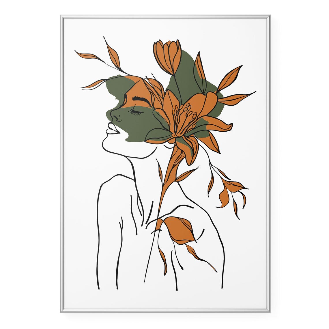 Abstract Woman Line Art With Terracotta Lily Boho Modern Wall Art