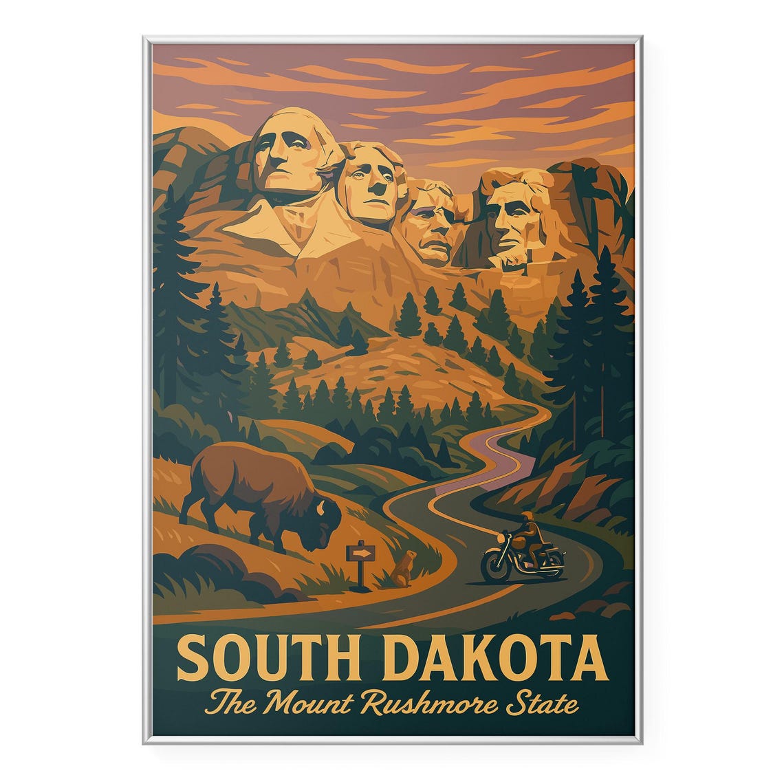 South Dakota The Mount Rushmore State Sunset Retro Travel Poster