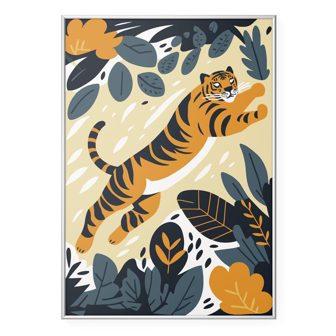 Leaping Tiger Tropical Foliage Playful Illustration Art Poster