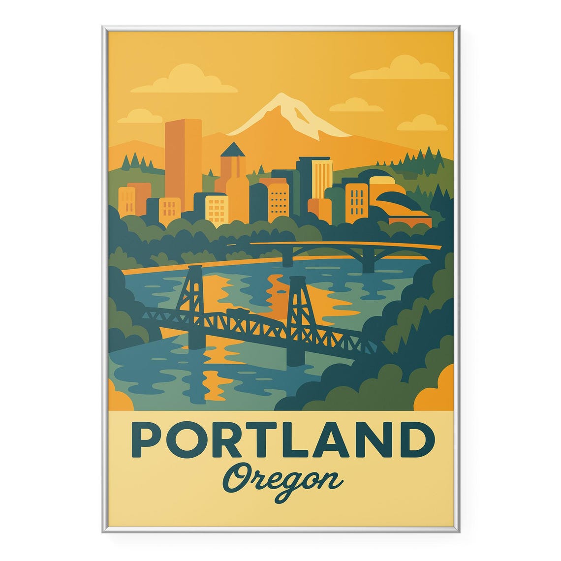 Vintage Style Portland Oregon Skyline With Mount Hood Poster