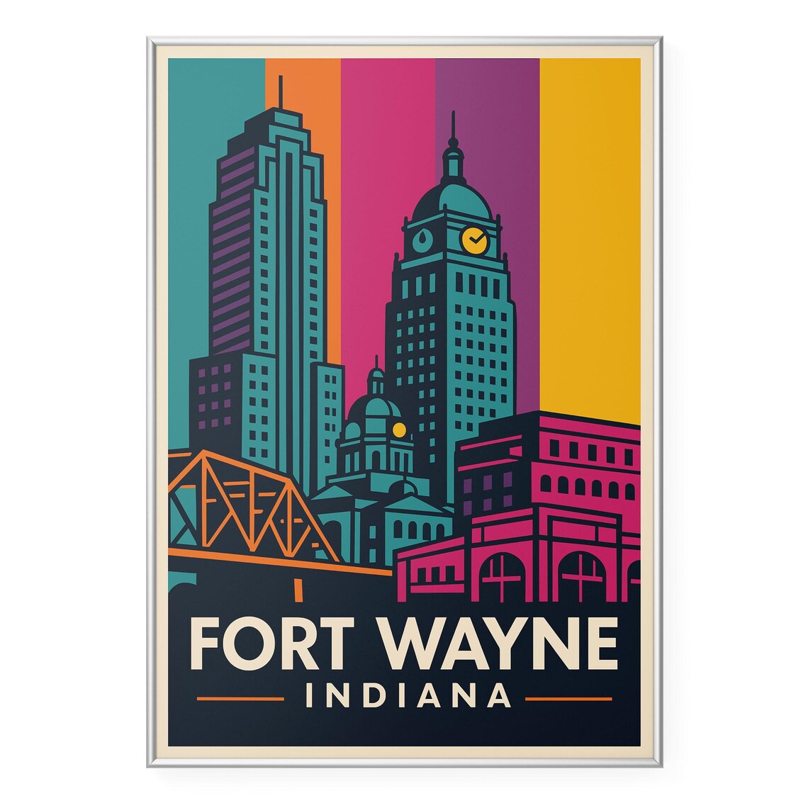 Fort Wayne Indiana Colorful Pop Art Skyline City Travel Poster