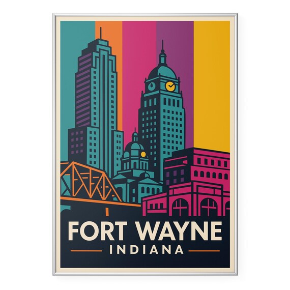Fort Wayne Indiana Colorful Pop Art Skyline City Travel Poster