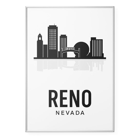 Reno Nevada Skyline Silhouette Poster with Iconic Reno Arch Landmark Art