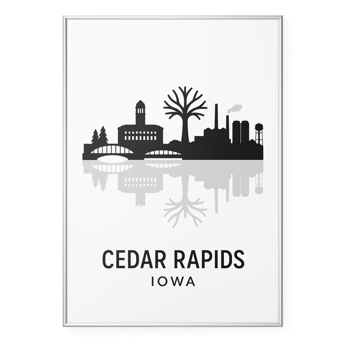 Cedar Rapids Iowa Downtown Skyline Black Silhouette Modern Poster