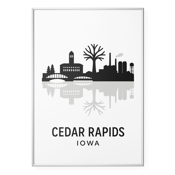 Cedar Rapids Iowa Downtown Skyline Black Silhouette Modern Poster