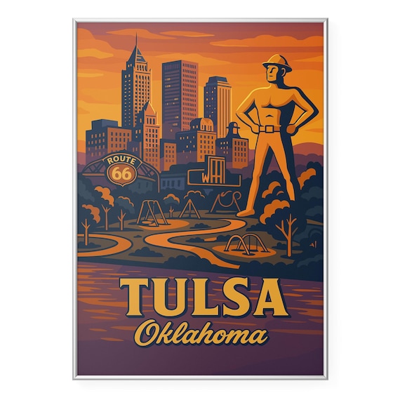 Tulsa Oklahoma Route 66 Sunset Skyline Golden Driller Travel Poster