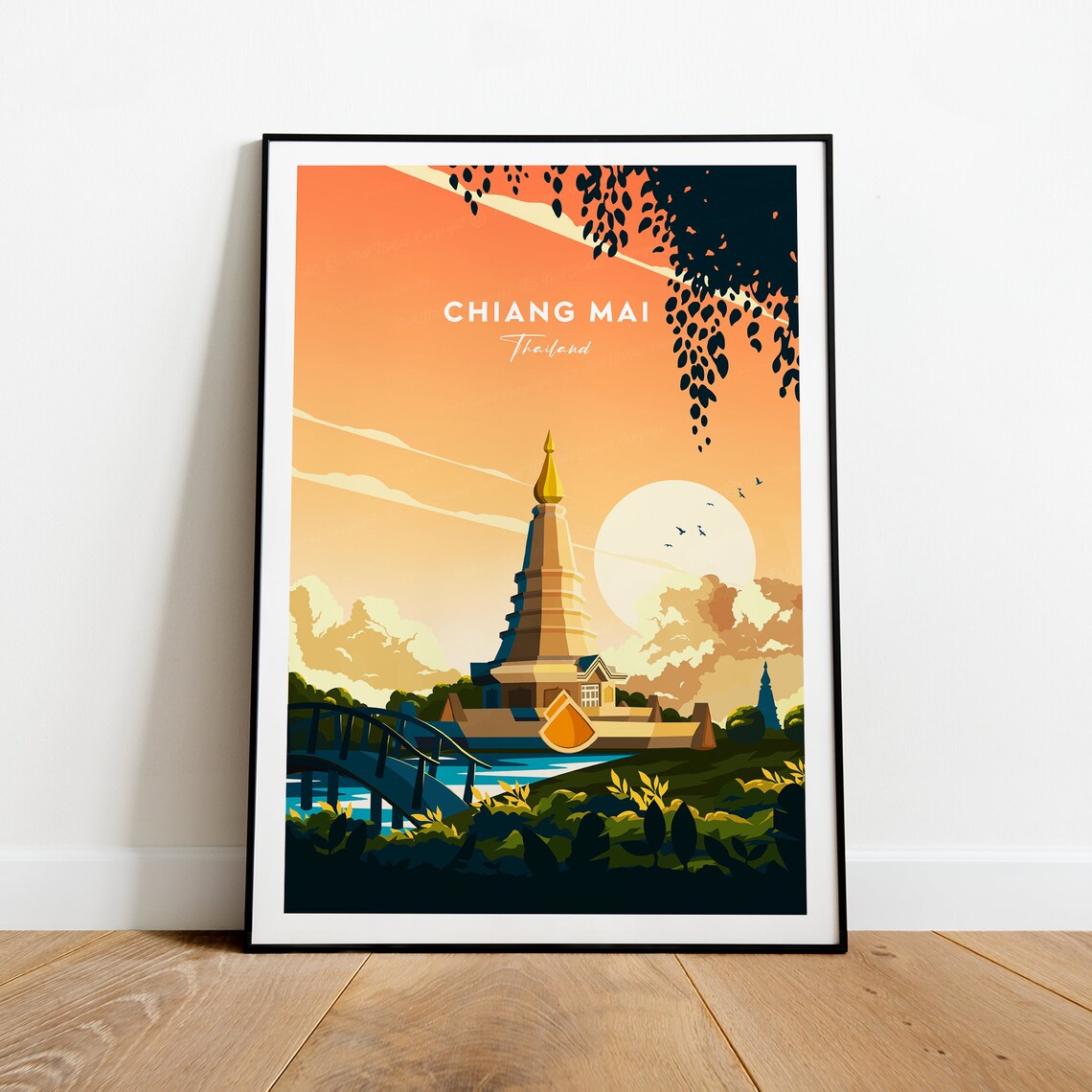 Chiang Mai Thailand Golden Temple Sunset Vintage Travel Poster
