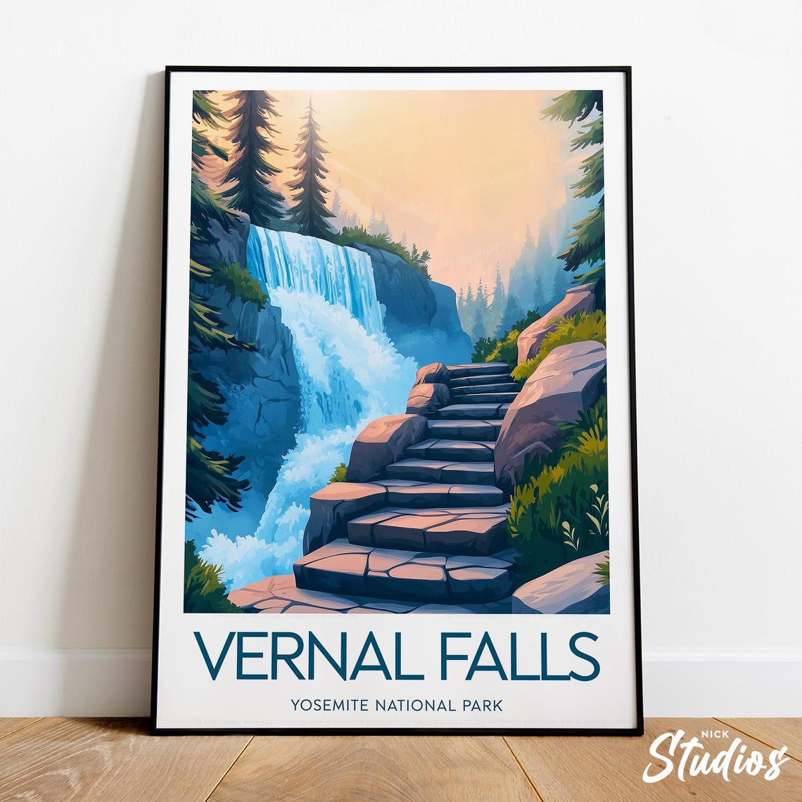 Vernal Falls Yosemite Waterfall Stone Steps Retro Travel Poster