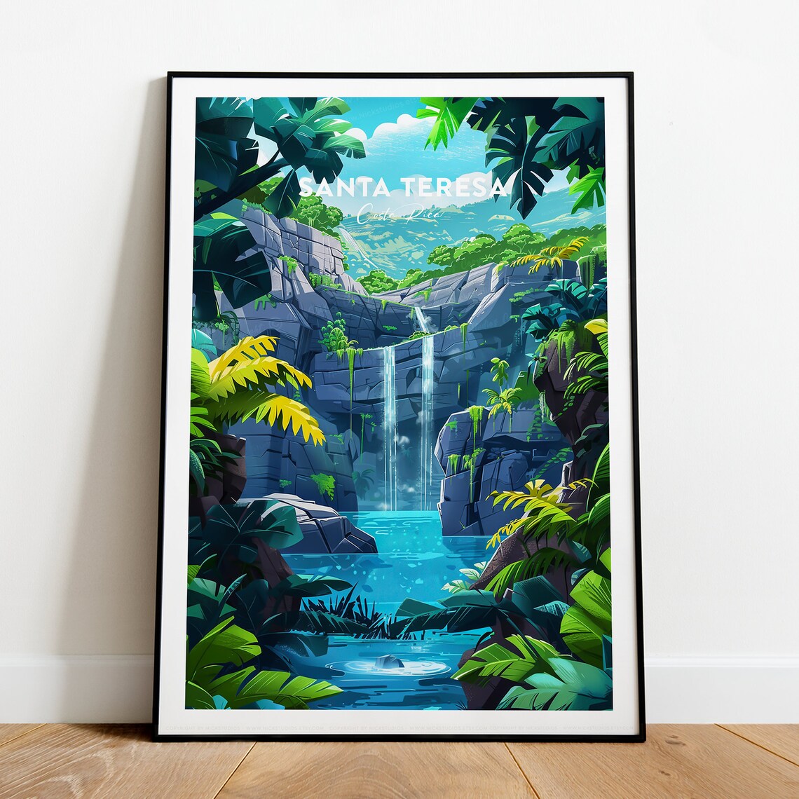 Santa Teresa Costa Rica Waterfall Jungle Vintage Travel Poster