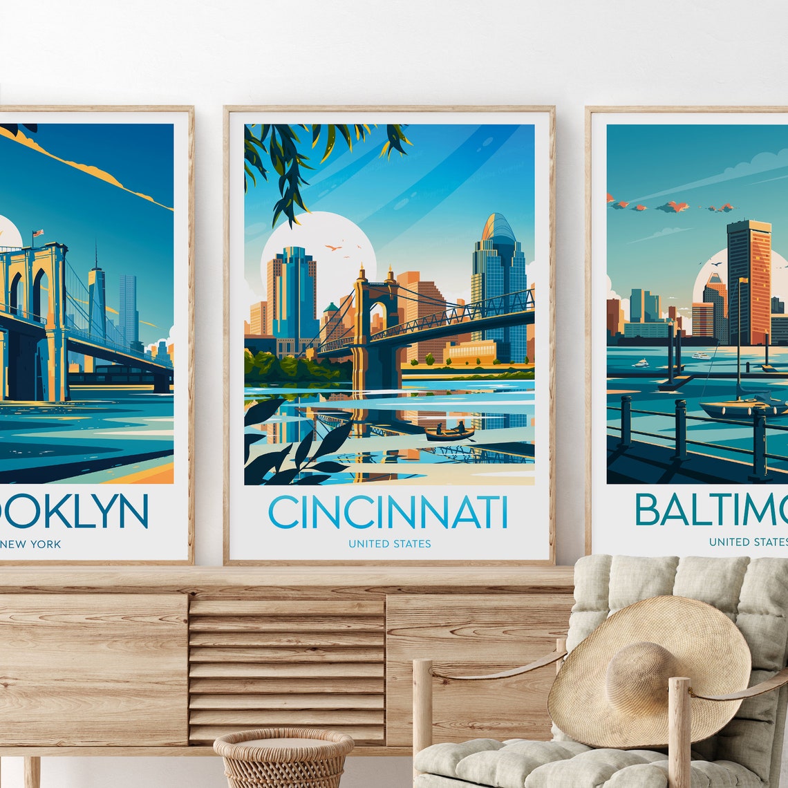 Cincinnati Ohio Historic Suspension Bridge Skyline Travel Poster - Image 2