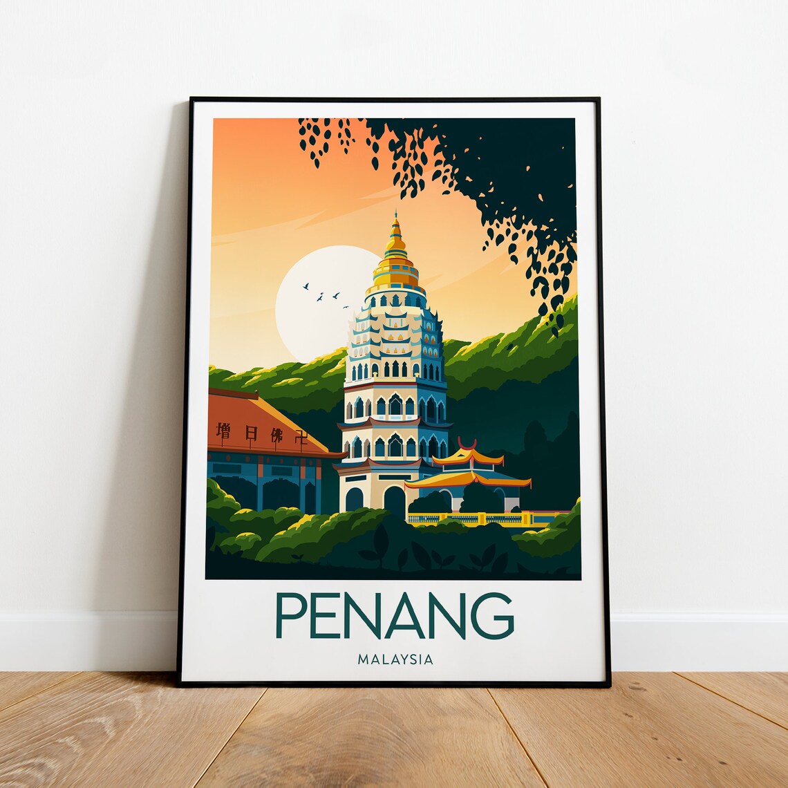 Penang Malaysia Golden Pagoda Temple Sunset Vintage Travel Poster