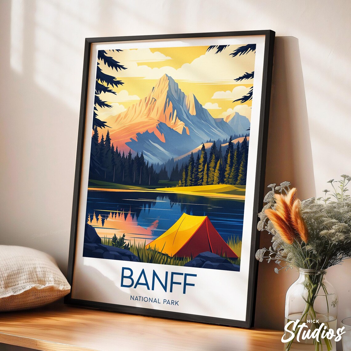 Banff National Park Lakeside Tent Under Golden Peaks Retro Poster