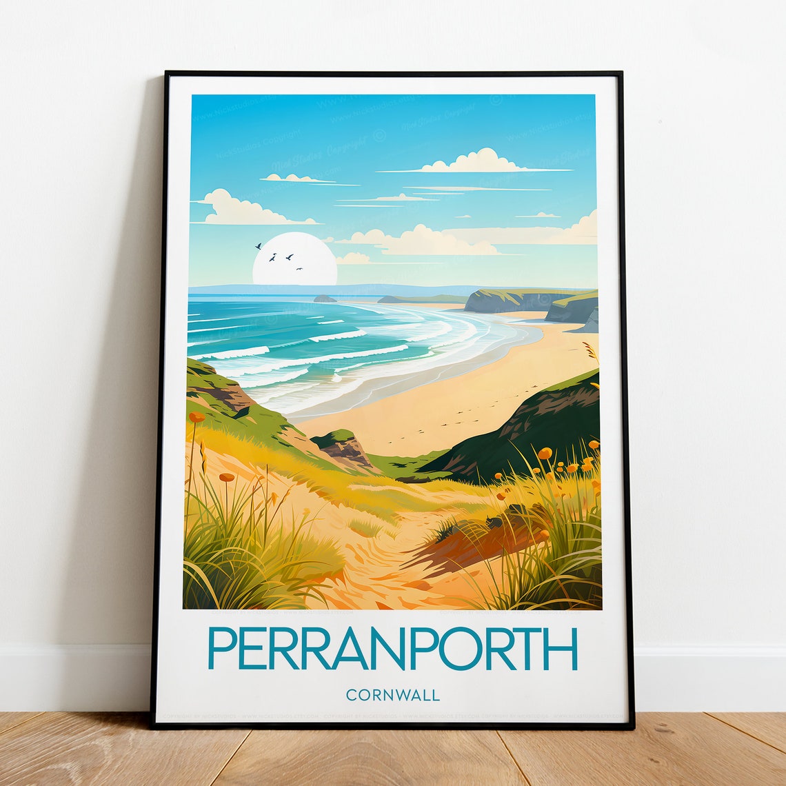 Perranporth Cornwall Beach Dunes Surf Coastline Scene Poster