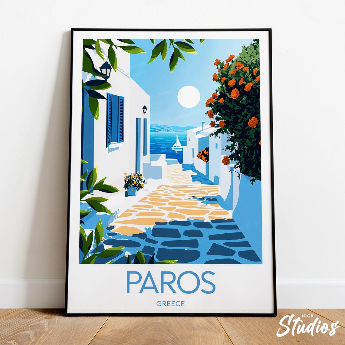 Paros Greece Whitewashed Alley Aegean Sea Sailboat Travel Art Poster