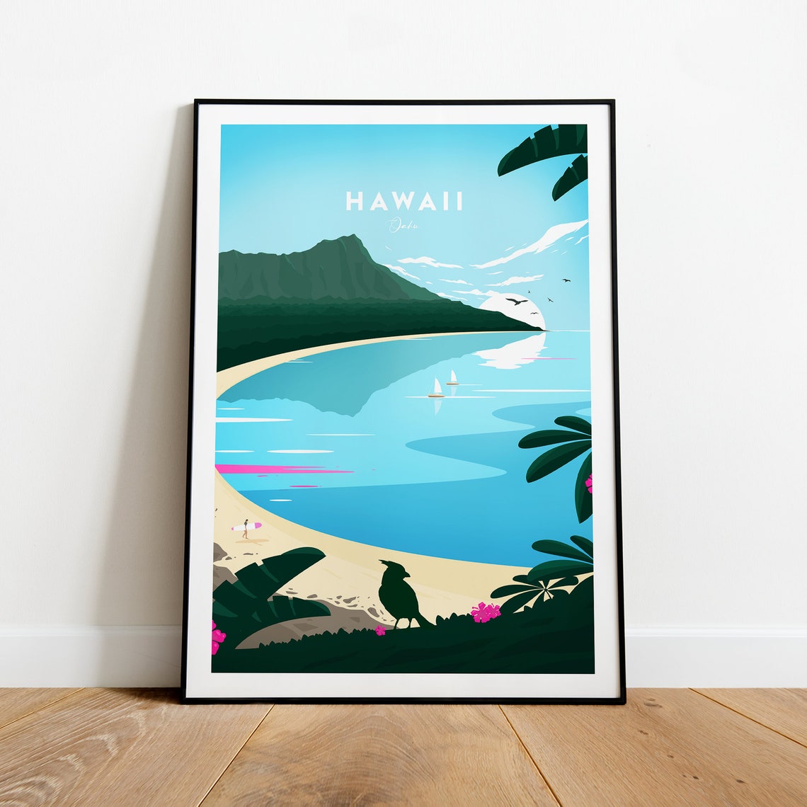 Hawaii Oahu Beach Bay with Sailboats Vintage Tropical Travel Poster - Image 2