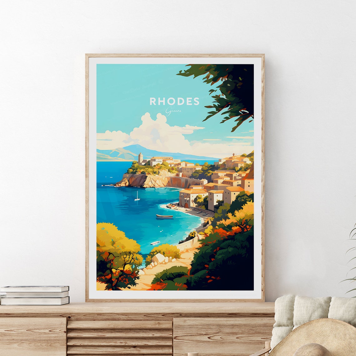 Rhodes Greece Coastal Old Town Sunlit Mediterranean Bay Poster