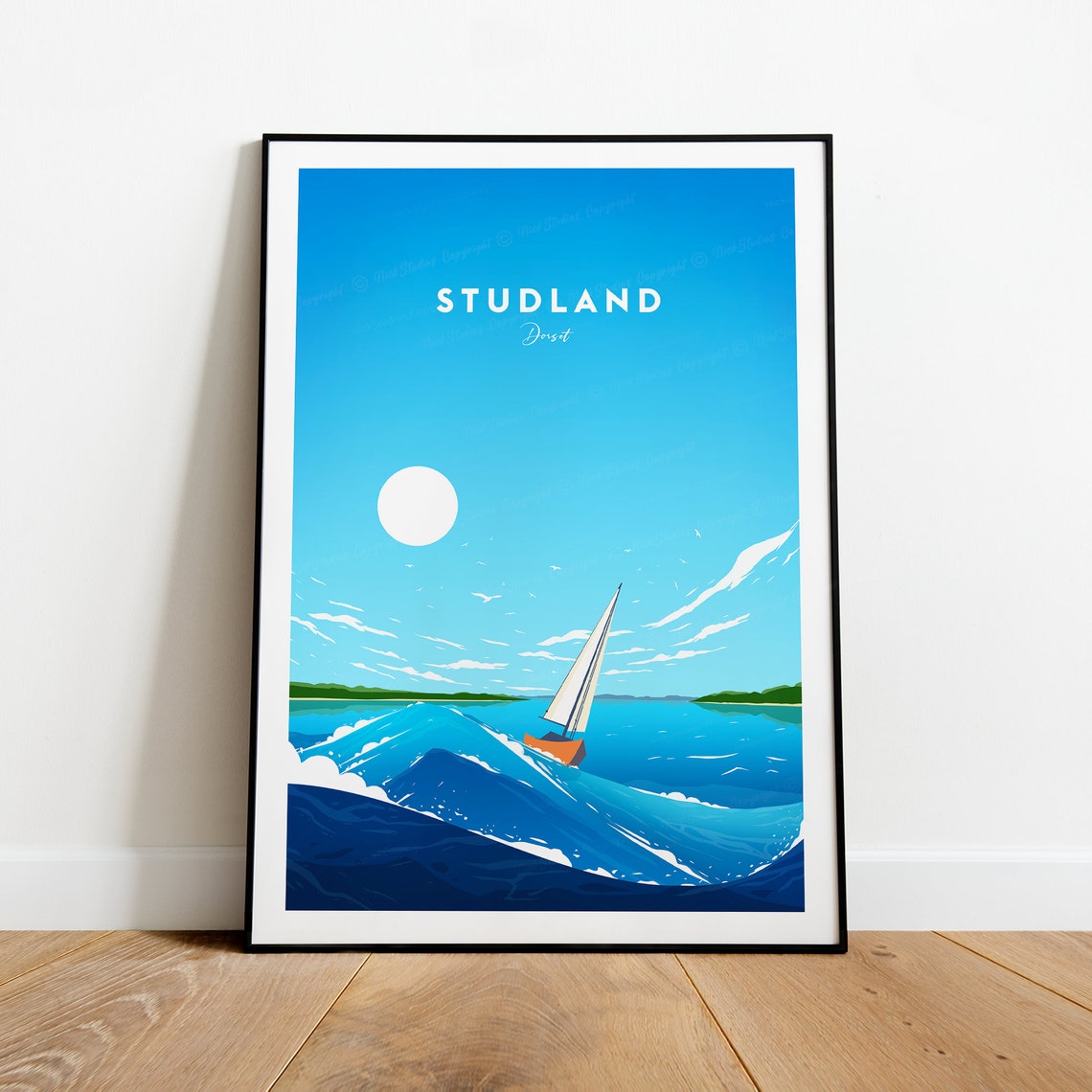Studland Dorset Sailboat Cresting Bright Blue Sea Travel Poster