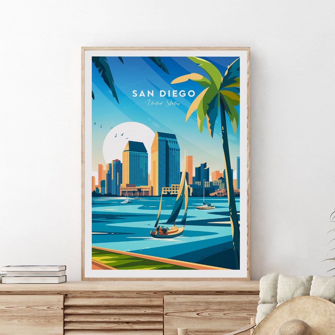 San Diego California Sailboats on Bay Skyline Palm Tree Travel Poster