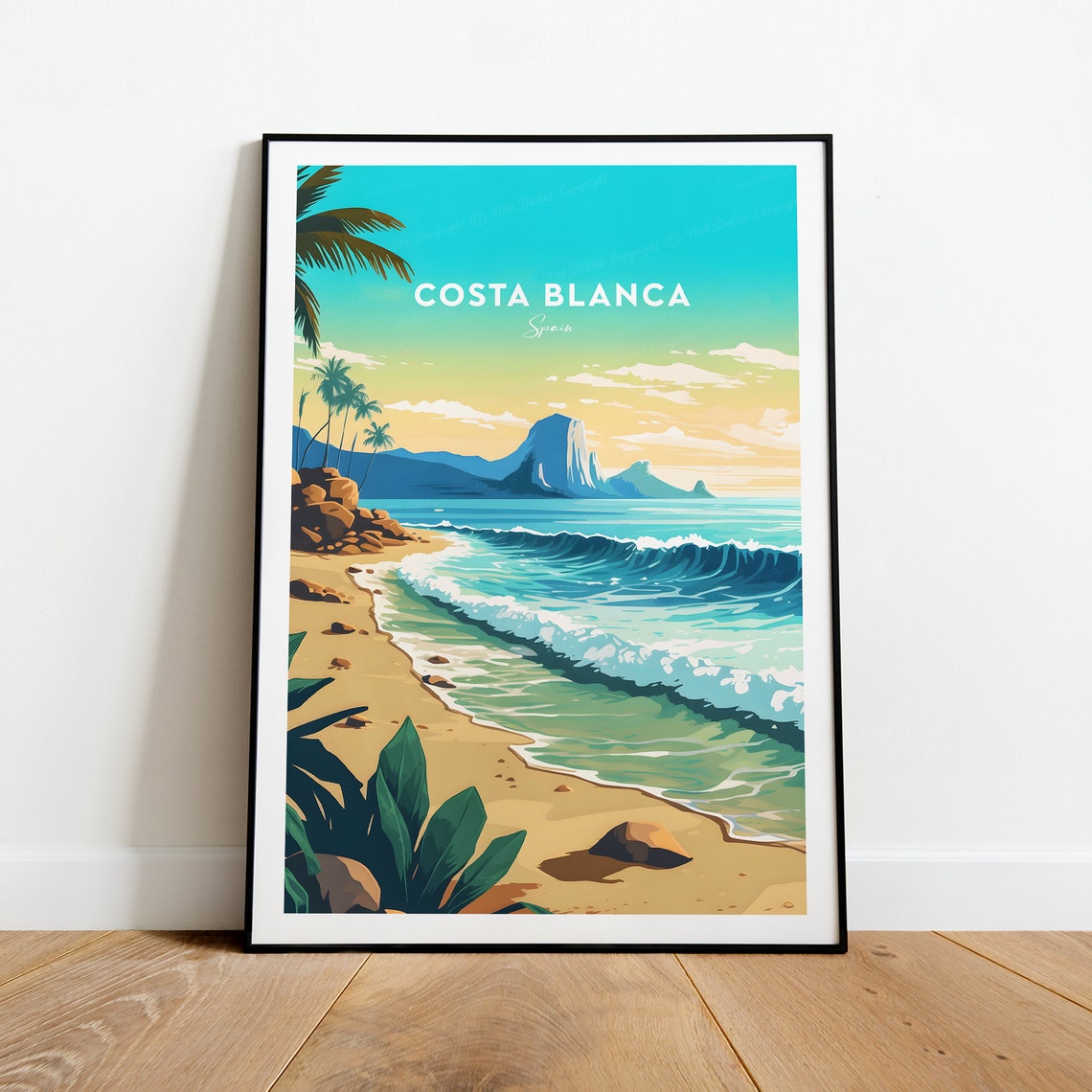 Costa Blanca Spain Palm Beach Rolling Waves Vintage Travel Poster