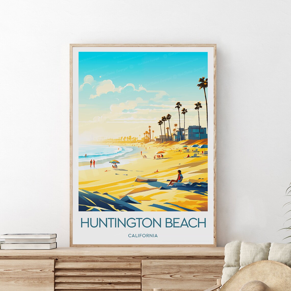 Huntington Beach California Sunny Shoreline Waves Travel Poster