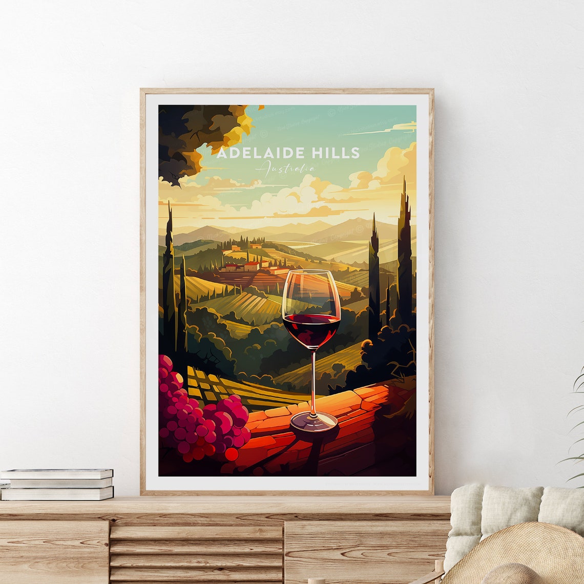Adelaide Hills Australia Vineyard Sunset Wine Glass Travel Poster - Image 2