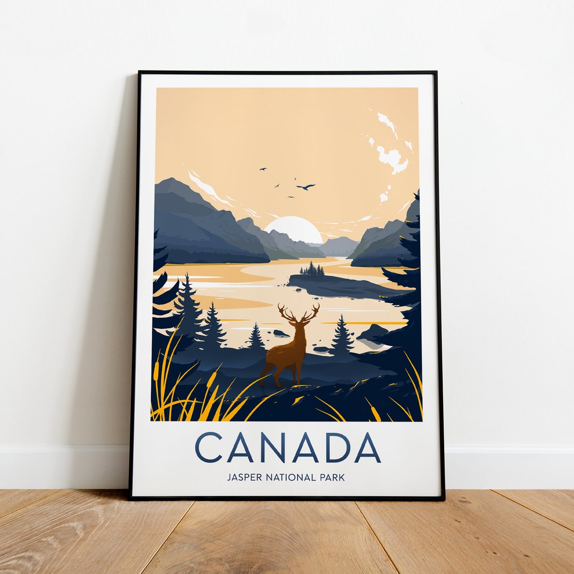 Jasper National Park Canada Elk Sunset Mountain Lake Travel Poster - Image 2