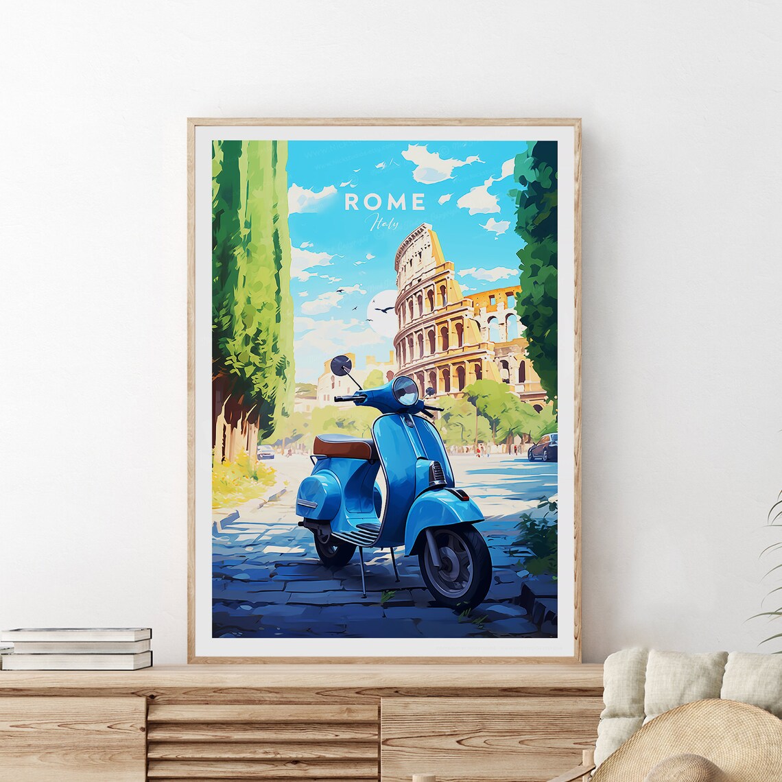 Rome Colosseum Blue Vespa Italy Historic Street Scene Travel Poster