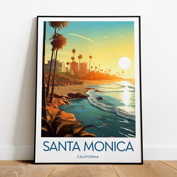 Santa Monica California Beach Sunset Palms Ocean Waves Travel Poster