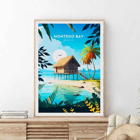 Montego Bay Jamaica Beach Hut Palm Trees Lagoon Travel Poster