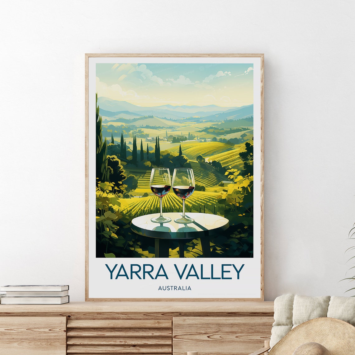 Yarra Valley Red Wine Glasses Over Rolling Green Vineyards Poster