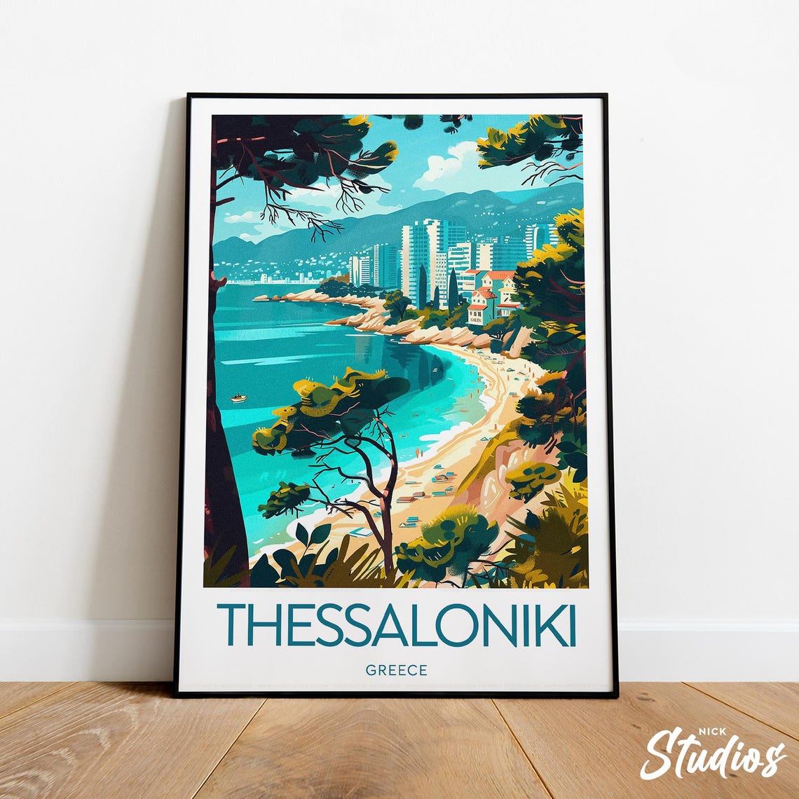Thessaloniki Greece Turquoise Bay Beach Pine Coast Travel Poster