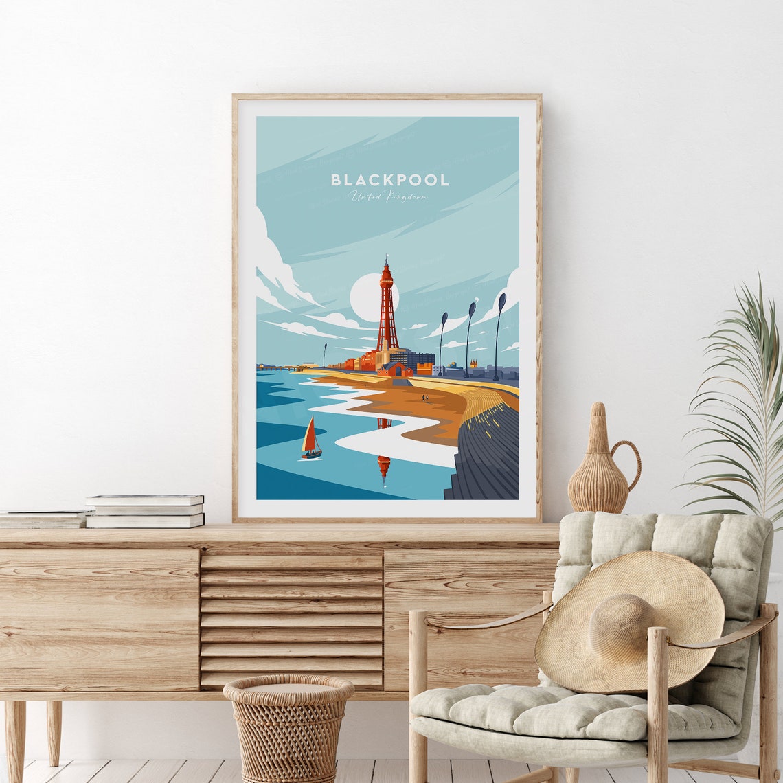 Blackpool Tower English Beach and Sailboat on a Blue Day Poster - Image 2