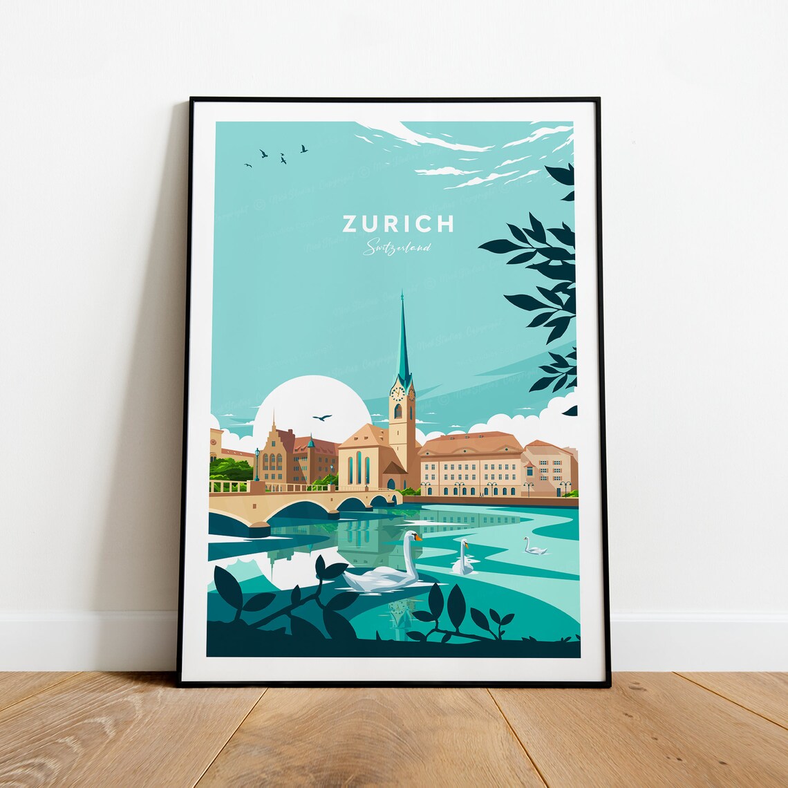 Zurich Switzerland Historic Riverside Old Town Swans Travel Poster - Image 2