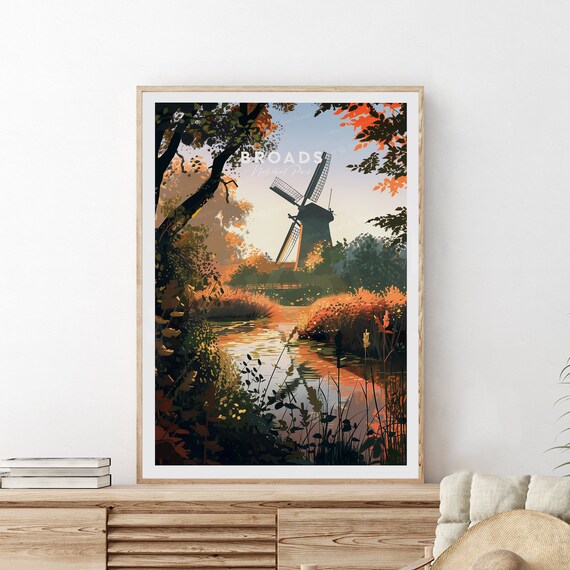 Broads National Park Windmill Marsh River Sunset Travel Poster