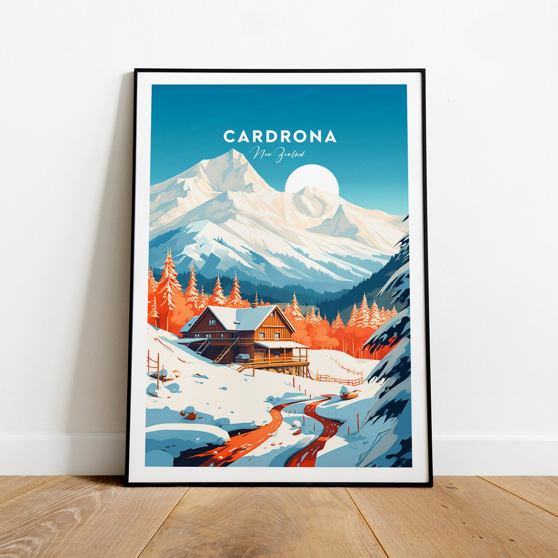 Cardrona New Zealand Ski Lodge Snowy Alpine Cabin Travel Poster - Image 2