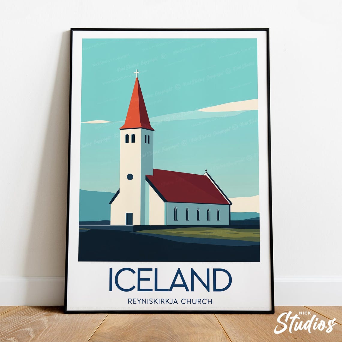 Iceland Reyniskirkja Church Red Steeple Minimalist Travel Poster