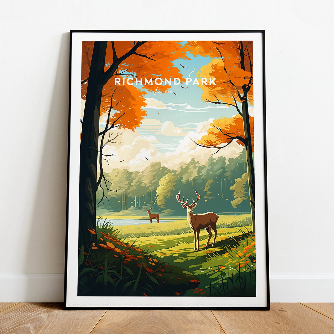 London Richmond Park Red Deer Autumn Forest Sunset Travel Poster