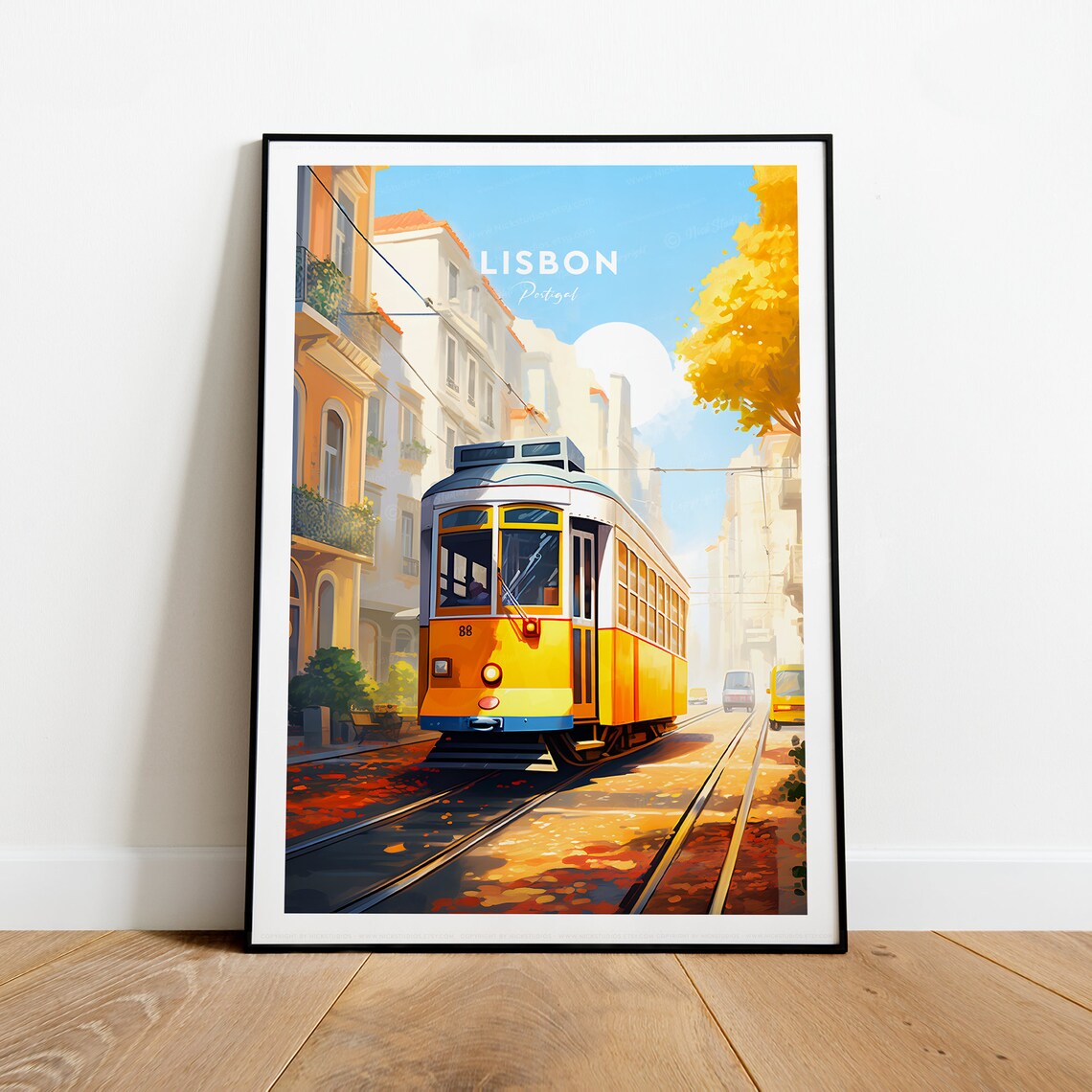 Lisbon Portugal Yellow Tram Street Historic Old Town Scene Poster