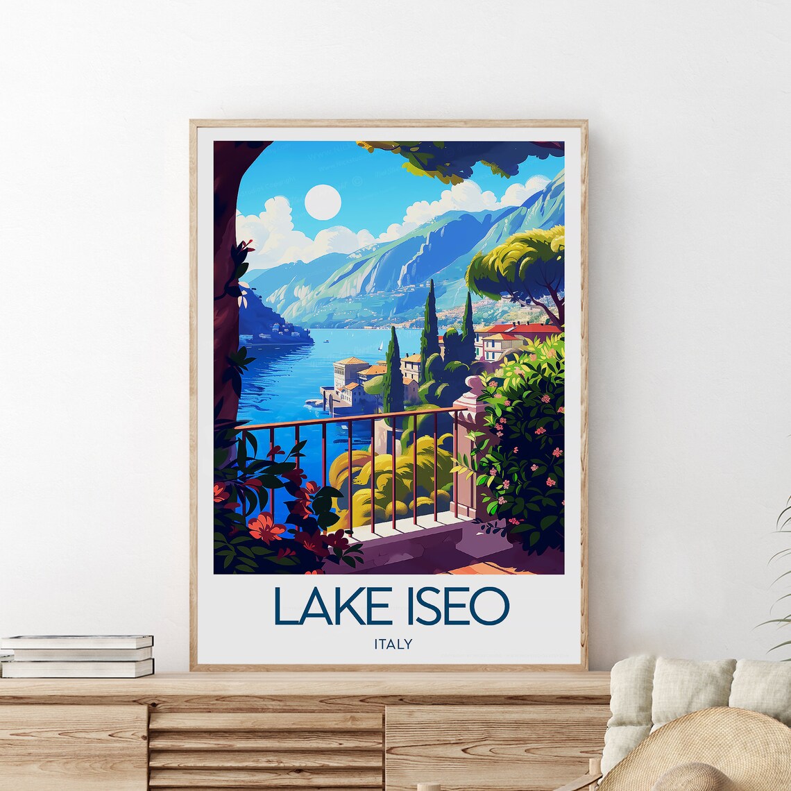 Lake Iseo Italy Terrace View Lakeside Town Retro Travel Poster