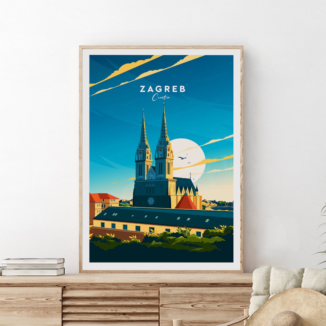 Zagreb Croatia Cathedral Twin Spires Evening Vintage Travel Poster