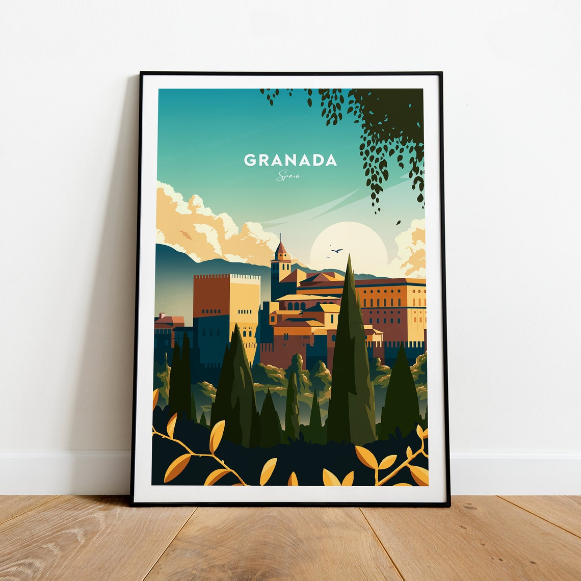 Granada Spain Alhambra Palace Cypress Hills Evening Travel Poster