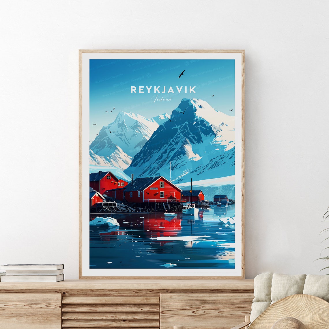 Reykjavik Iceland Snowy Peaks Red Cabins Harbor Scene Poster - Image 2
