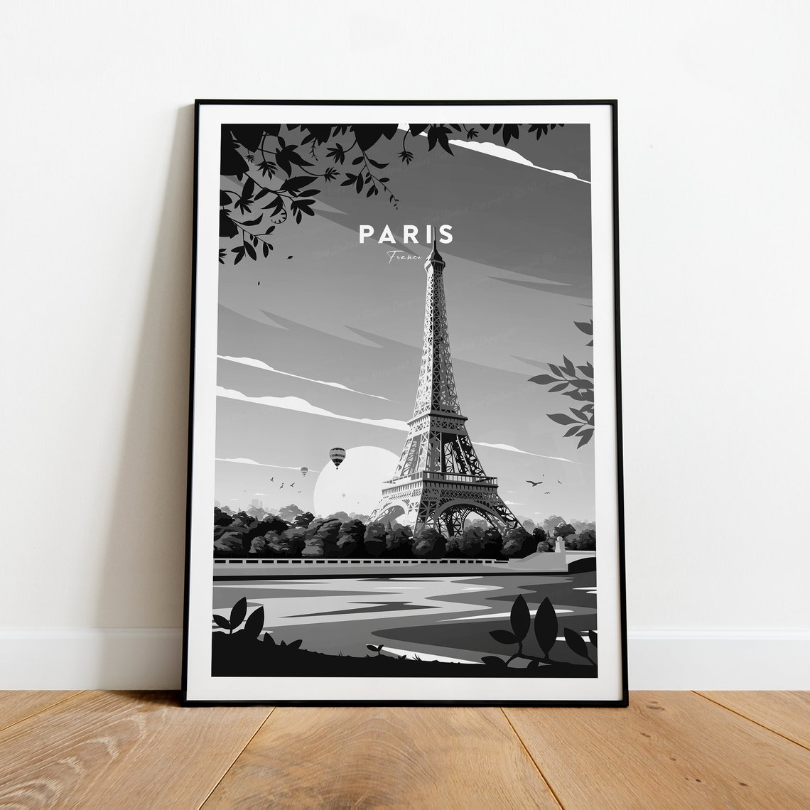 Paris France Eiffel Tower in Black and White Riverside Scene Poster