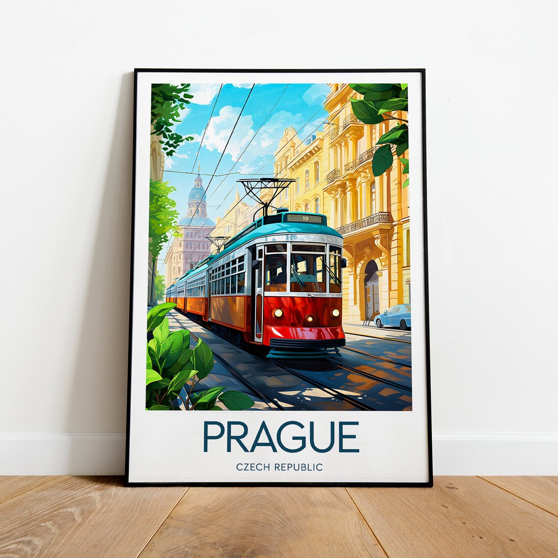 Prague Czech Republic Red Tram Old Town Street Travel Poster