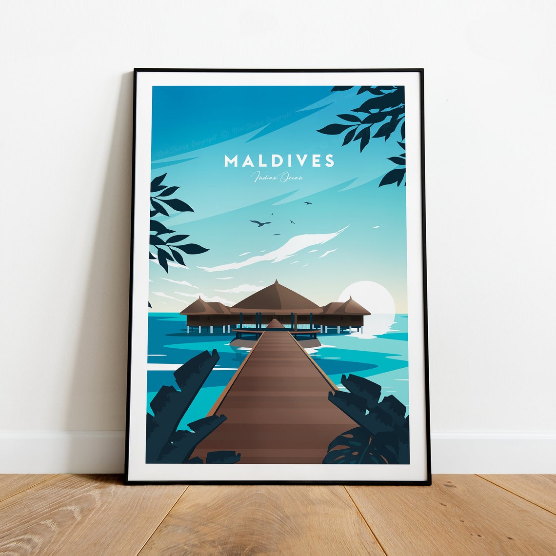 Maldives Indian Ocean Overwater Villas Boardwalk Travel Poster